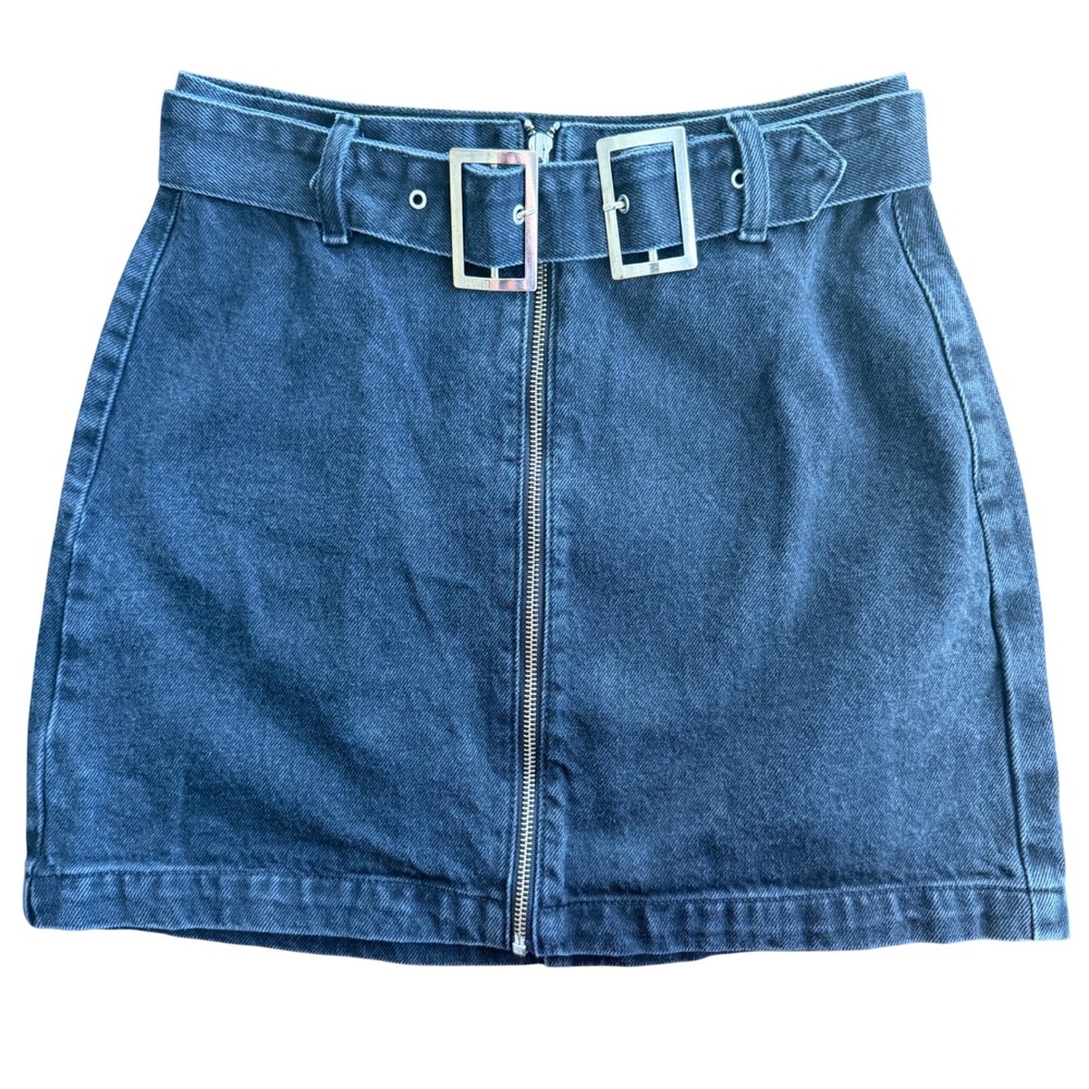 Topshop Moto Denim Mini Skirt Double Buckle Belted Front Zip Washed Black Size 6
